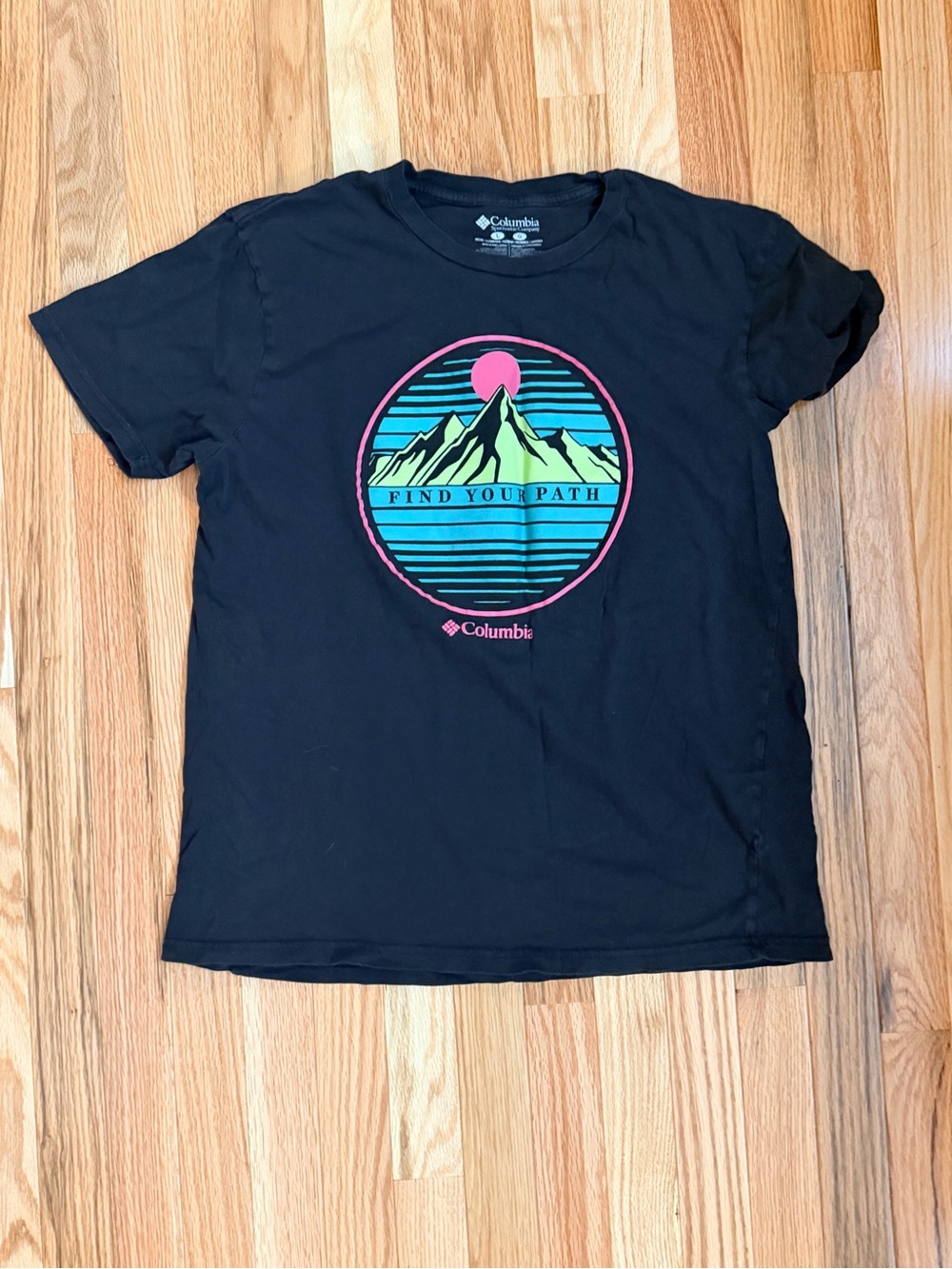 Columbia Black Graphic Tee with Pink, Teal & Yellow Mountain Print